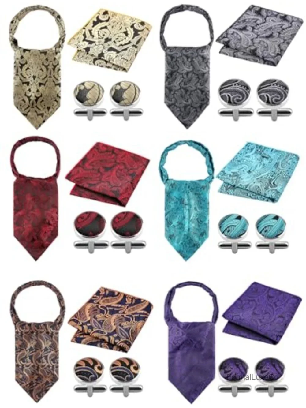 6 Piece Silk Ascot Tie Sets for Men Paisley Cravat Handkerchief Cufflinks